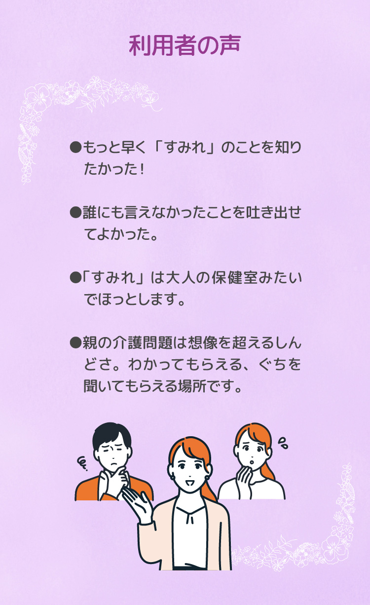 利用者の声 ●もっと早く「すみれ」のことを知りたかった！●誰にも言えなかったことを吐き出せてよかった。●「すみれ」は大人の保健室みたいでほっとします。●親の介護問題は想像を超えるしんどさ。わかってもらえる、ぐちを聞いてもらえる場所です。